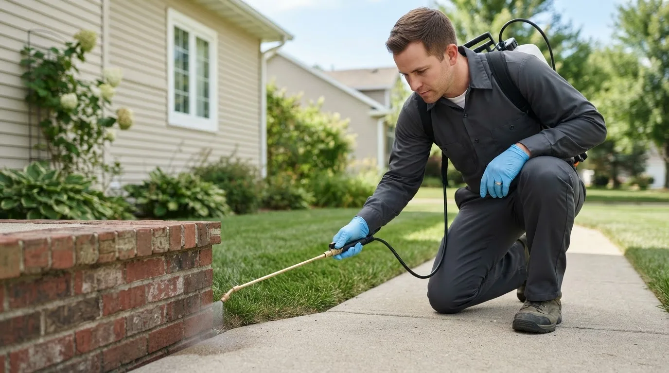 Pest control technician treating a home near Central Village, CT