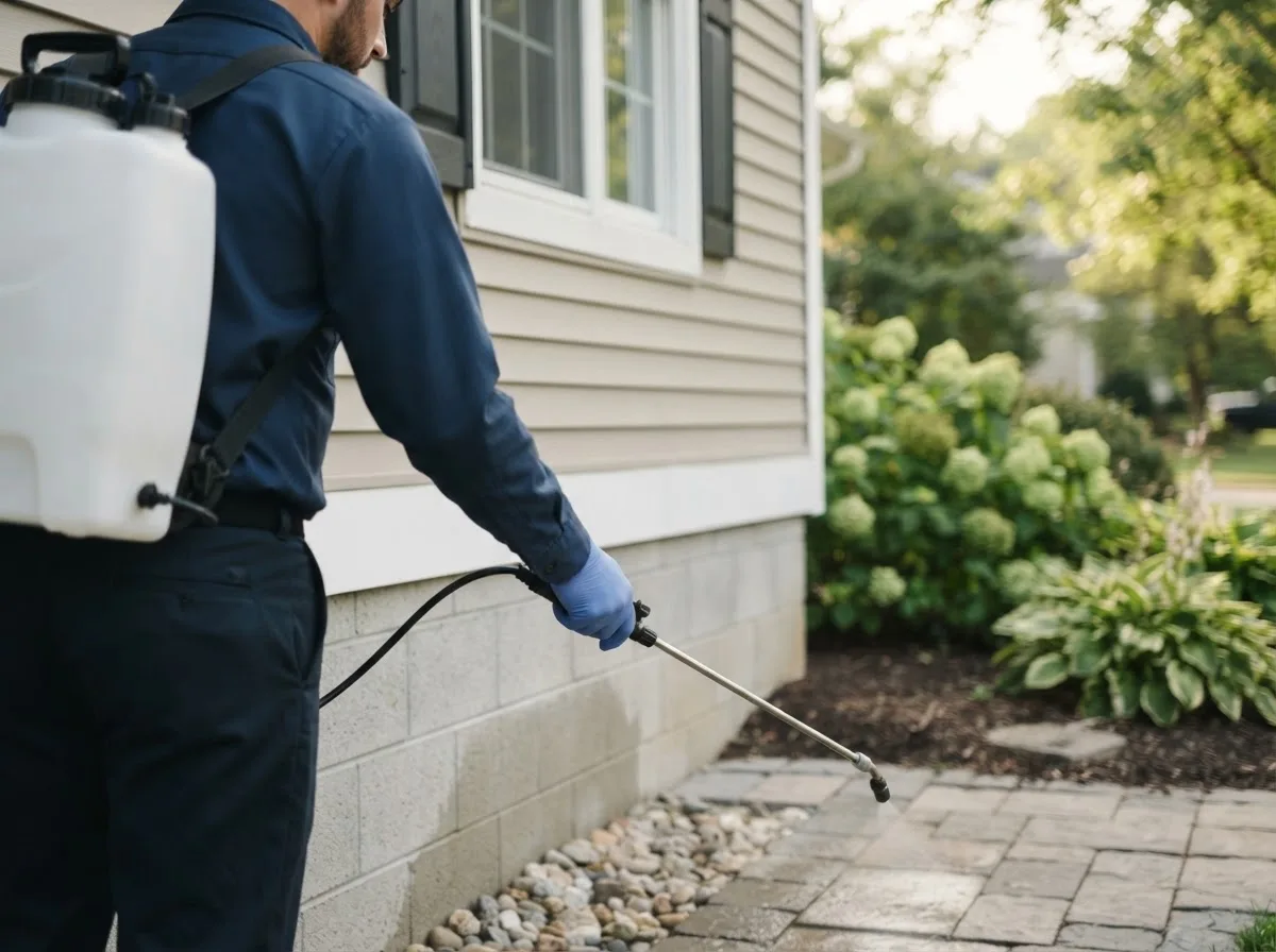 Pest control technician inspecting a home in Central Village, CT